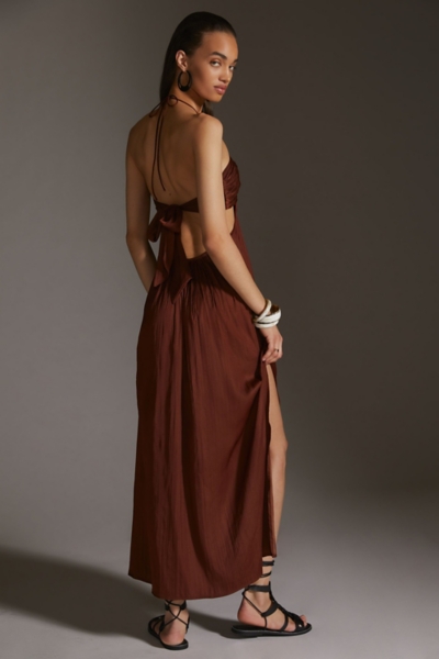 slim fit dress slacks Satin Halter Neck Tie Back Midi Dress In Yellow – FS Collection (London)