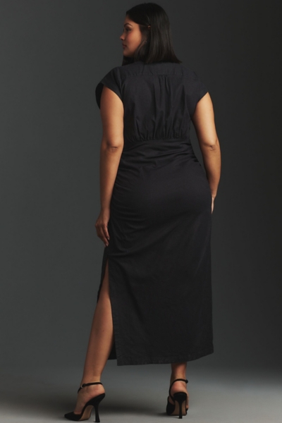 knee length dresses for ladies Rihoas V Neck Button Cap Sleeve Midi Dress for Women, Navy / L