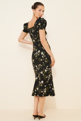 Linen Blend Puff-Sleeve Sweetheart Midi Dress | Nuuly