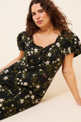 Linen Blend Puff-Sleeve Sweetheart Midi Dress | Nuuly