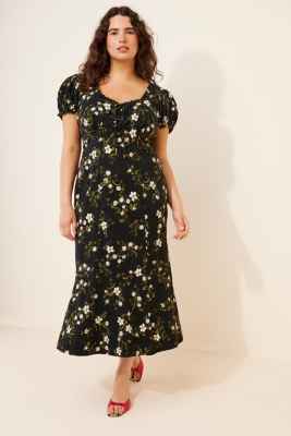 Linen Blend Puff-Sleeve Sweetheart Midi Dress | Nuuly