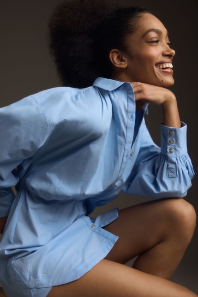 maeve long-sleeve pleated mini shirt dress Long-Sleeve Pleated Mini Shirt Dress