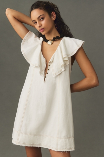 V-Neck Ruffle Linen Mini Dress | Nuuly