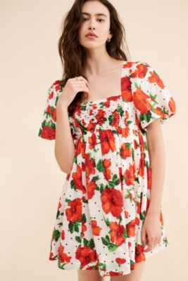 Square-Neck Smocked Babydoll Dress