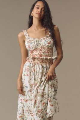 Sleeveless Smocked-Waist Ruffled Midi Dress