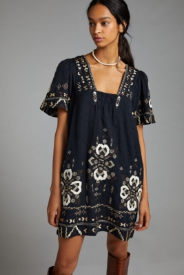 Anthropologie Cyrena Women Tunic Size Small Print & Embroidery shops On Back BOHO.nArm