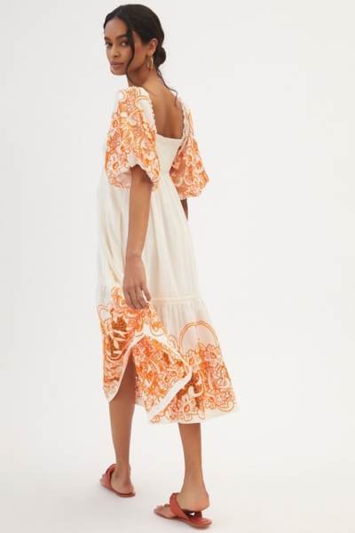 tina midi dress Tina Puff-Sleeved Embroidered Midi Dress