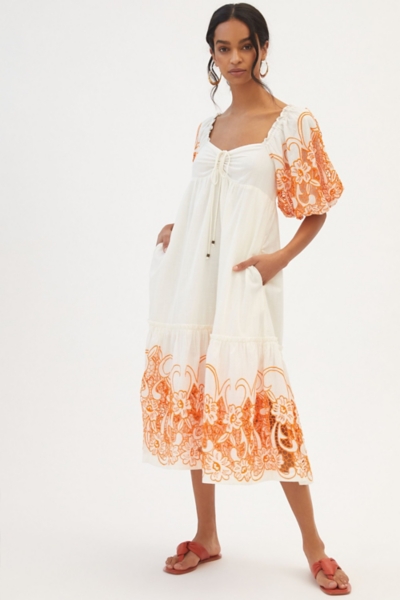 tina puff-sleeved embroidered midi dress Anthropologie Tina Puff-Sleeved Embroidered