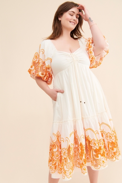 Tina Puff-Sleeved Embroidered Midi Dress | Nuuly