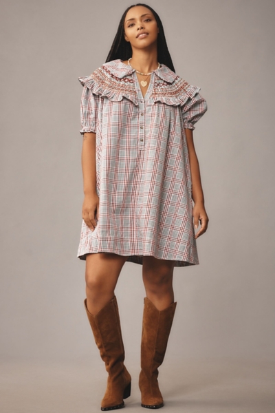 pilcro short sleeve v neck smocked babydoll mini dress Solid V-Neck Crocheted Babydoll Mini Dress