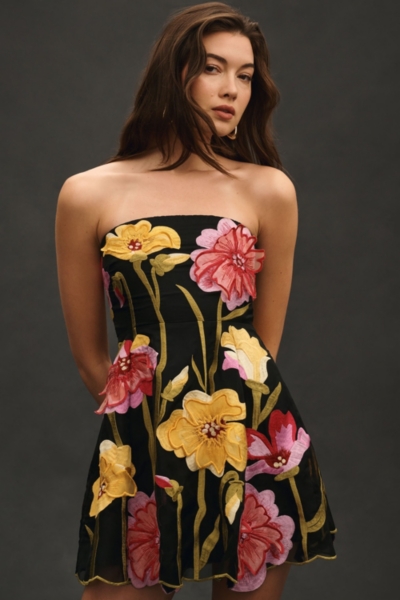 Strapless Floral Organza Mini Dress