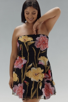 Strapless Floral Organza Mini Dress