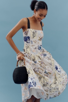 Cotton Sleeveless Square-Neck Tile Printed Midi Dress