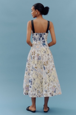 Cotton Sleeveless Square-Neck Tile Printed Midi Dress