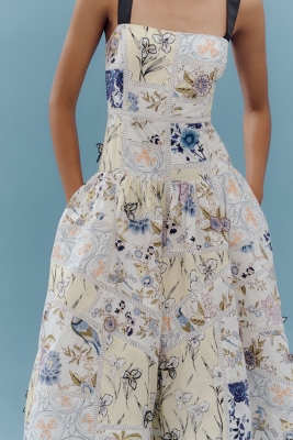 Cotton Sleeveless Square-Neck Tile Printed Midi Dress