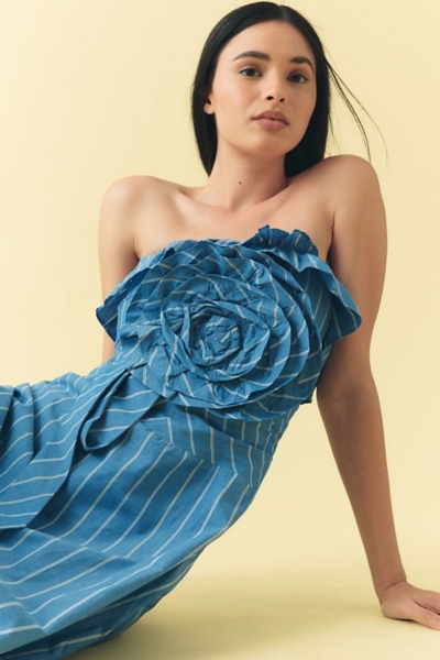 Strapless Rosette Asymmetrical Drop-Waist Midi Dre | Nuuly
