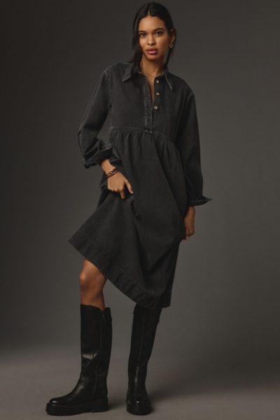 chinese dress ladies Black Label Denim Puff Sleeve Midi Dress – Peace Love World