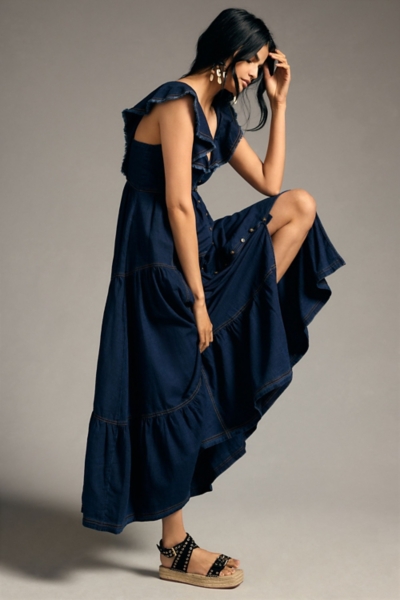 Sweetheart Flutter-Sleeve Denim Buttondown Dress | Nuuly