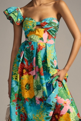 One-Shoulder Pleated Floral Dress