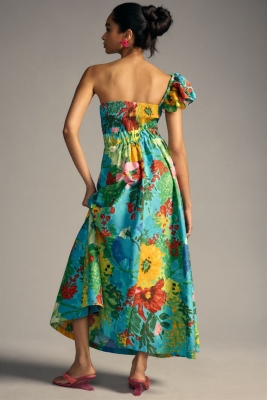 One-Shoulder Pleated Floral Dress
