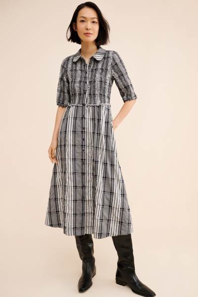 knee length dresses for ladies 100% Cotton Blue Stripe Smocked Midi Dress - All Dresses