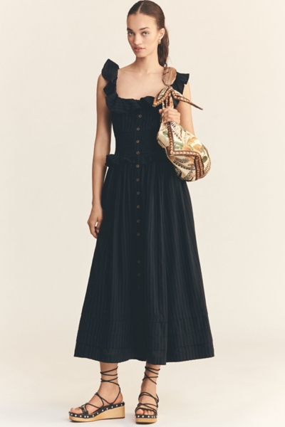 Ruffled Smocked-Waist Button-Front Midi Dress | Nuuly