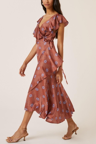 Ruffle-Sleeve Printed-Wrap Maxi Dress | Nuuly
