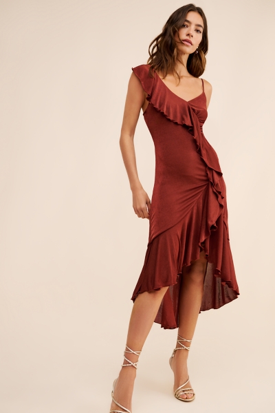 One-Shoulder Ruffled High-Low Midi Dress | Nuuly