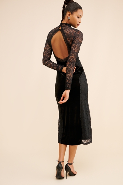 Long-Sleeve Mock-Neck Lace Velvet Slip Midi Dress | Nuuly