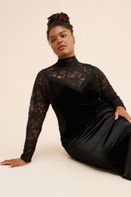 Long-Sleeve Mock-Neck Lace Velvet Slip Midi Dress | Nuuly