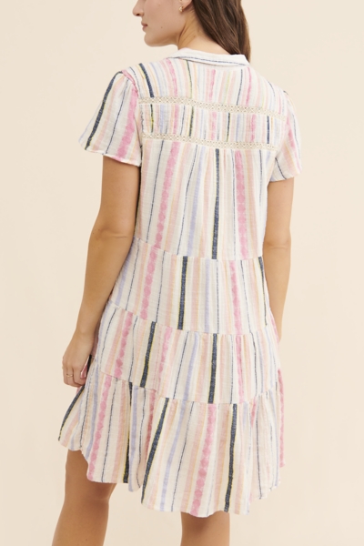 open lace back dress chouyatou Women's Striped Button Down Shirt Dress Loose Casual Cuffed  Sleeve Tiered Mini Tunic Dress (Small, Pink) at Amazon Women's Clothing  store main image 0