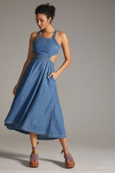 white christmas dresses Seventies Infinity Denim Applique Patchwork Dress