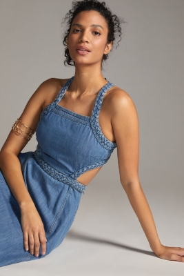 Square-Neck Patchwork Midi Dress