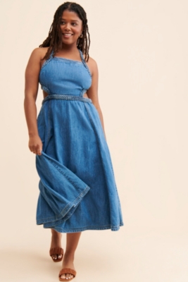 Square-Neck Patchwork Midi Dress
