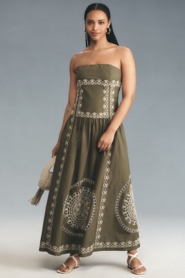 Strapless Embroidered Drop Waist Dress