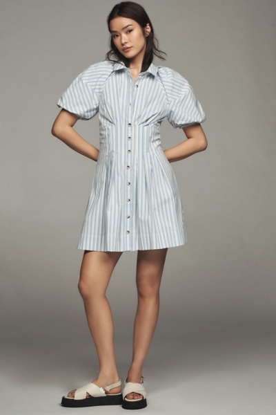 knee length dresses for ladies Puff Sleeve Mini Poplin Dress-White/Blue