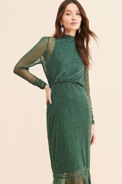 green emerald velvet dress Tie Backless Draped Detail Flounce Sleeve Glitter Mesh Dress – Parthea  Fashion main image 1