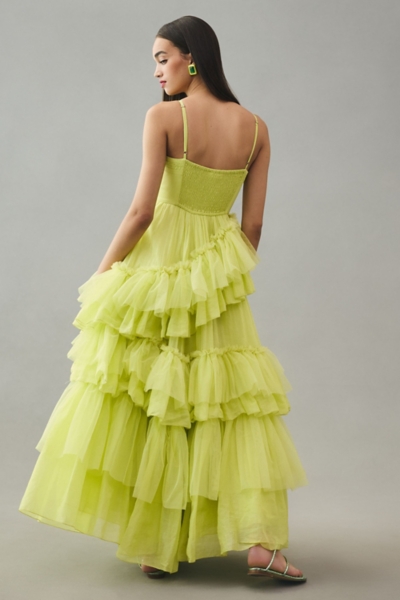 green emerald velvet dress Green Floral Tulle A Line Tiered Long Prom Dress with Slit main image 1