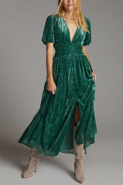 green burnout velvet dress A-Line V Neck Dark Green Burnout Velvet Mother Of The Bride Dress US4 / Burgundy main image 1