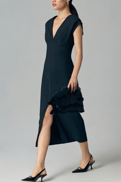 black dress anthropologie Lace-Trim Midi Slip Dress by Anthropologie in Black, Size: XL main image 1