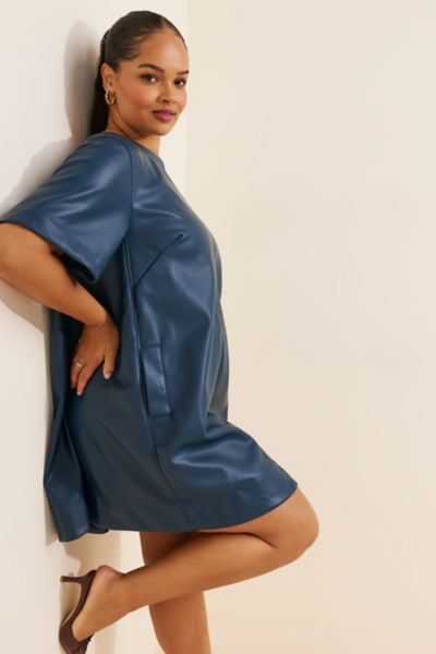 chinese dress ladies Vegan Leather Short Sleeve Dress Blue Bird / S main image 1