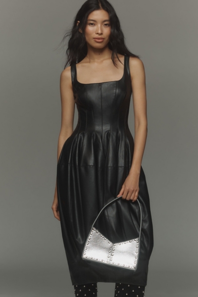 slim fit dress slacks Faux Leather Sleevless Dress With Bows - SMALL / BLACK