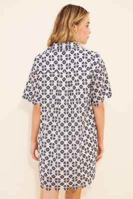 Short-Sleeve Geo Lace Mini Shirt Dress