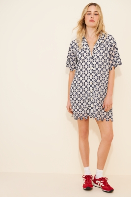 Short-Sleeve Geo Lace Mini Shirt Dress
