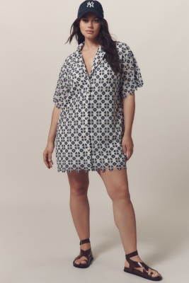 Short-Sleeve Geo Lace Mini Shirt Dress