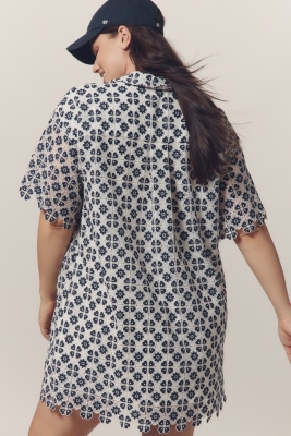Short-Sleeve Geo Lace Mini Shirt Dress