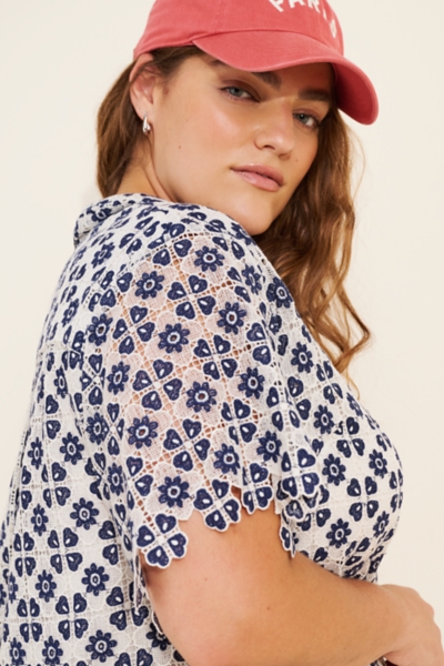 Short-Sleeve Geo Lace Mini Shirt Dress | Nuuly