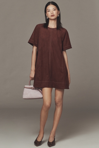 princess polly baby blue dress Camel Faux Suede Tiered Mini Dress (Reg. and Plus) main image 1