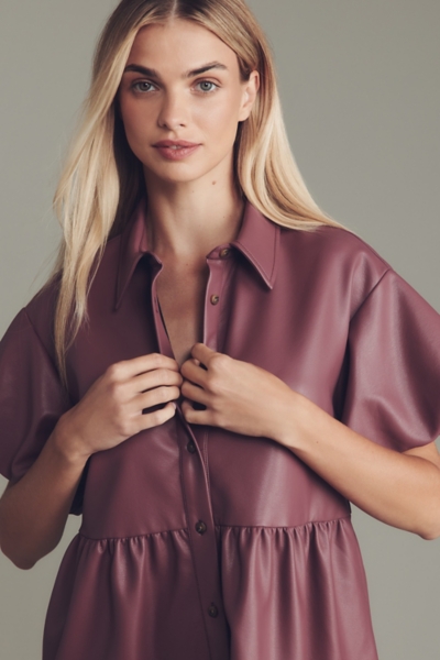 chinese dress ladies Short Sleeve Button Up Leather Dress in Navy – Blythe main image 0