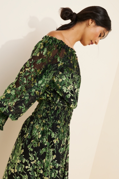 Velvet Smocked Off-Shoulder Maxi Dress | Nuuly